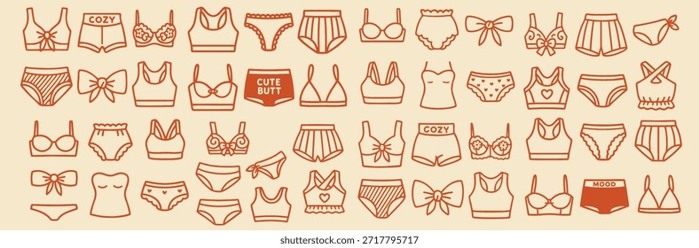 A long horizontal strip of simple hand drawn lingerie icons presents assorted bras, panties, bralettes and bows in terracotta outlines on beige, ideal for fashion branding, packaging, social media headers, charmingly playful.