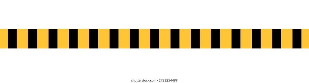 Fita horizontal longa de fita adesiva amarela apresentando repetição de faixas verticais pretas isoladas em um fundo branco.