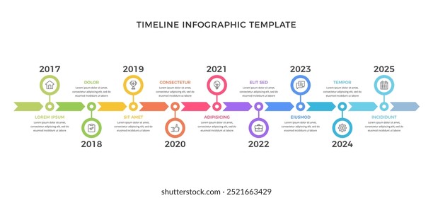 Modelo infográfico de linha de tempo horizontal longa com nove partes, ilustração eps10 vetorial