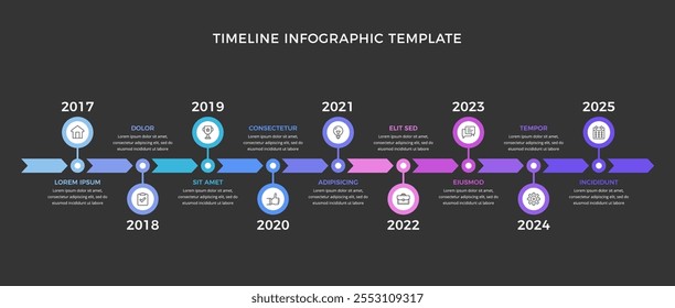 Long horizontal timeline infographic template with nine arrows, dark background, vector eps10 illustration