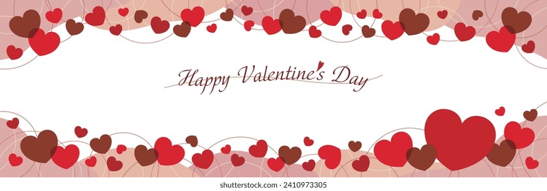 Long horizontal Valentine's banner frame in fluid shape with red and chocolate-colored hearts scattered above and below.