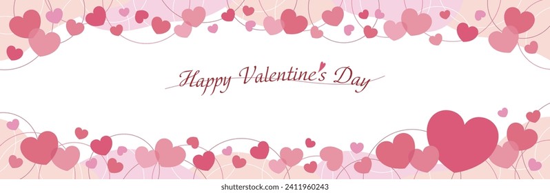 Long horizontal Valentine's banner frame in fluid shape with cute pink hearts and line circles scattered above and below.