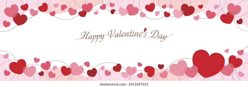 Long horizontal Valentine's banner frame in fluid shape with red and pink hearts scattered above and below.