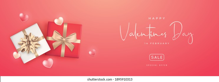 Long Horizontal Valentine's Day Sale Banner. Realistic gift box and hearts on red background. Promo discount banner. Stock vector illustration.