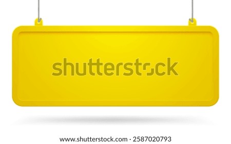 Long horizontal yellow hanging sign board with embossed frame and rounded corners isolated on white. Vector illustration in 3d style