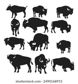  Long horn cattle animals america forest silhouette Free Vector