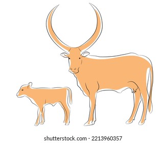 Long horned cow dress, black stripes on the floor in orange. cow silhouette black white isolated hand drawn vector cow silhouette vector illustration