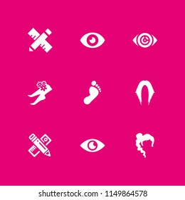 long icon. 9 long set with eye, hair, foot and ruler vector icons for web and mobile app