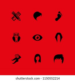 long icon. 9 long set with human feet shape, ruler, hair and bird vector icons for web and mobile app