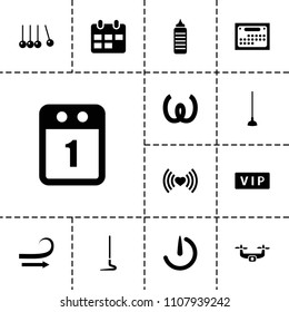 Long icon. collection of 13 long filled icons such as vip, cradle, hoe, stopwatch camera, 1st day calendar, calendar, fitness bottle. editable long icons for web and mobile.