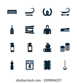 Long icon. collection of 16 long filled icons such as curly hair, hoodie, apple on book, stapler, coin, cpu, 4th date calendar. editable long icons for web and mobile.