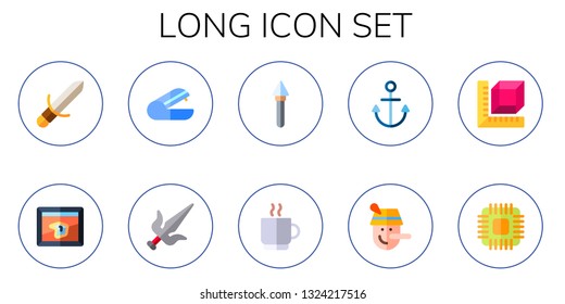 long icon set. 10 flat long icons.  Simple modern icons about  - sword, the persistence of memory, stapler, martial arts, spear, coffee cup, anchor, pinocchio, measure, cpu