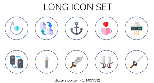 long icon set. 10 flat long icons.  Collection Of - rotate, cpu, sync, spear, anchor, sword, cup, extractor hood