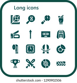 long icon set. 16 filled long icons. Simple modern icons about  - Measure, Sandclock, Clocks, Mojito, Stapler, Spear, Tape, Wig, Measuring tape, Wall clock, Sword, Break, Cup
