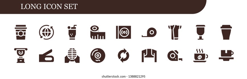 long icon set. 18 filled long icons.  Collection Of - Coffee cup, Sync, Mojito, Measuring tape, Vinyl, Tape measure, Kimono, Cup, Stapler, Martial arts, Bolero