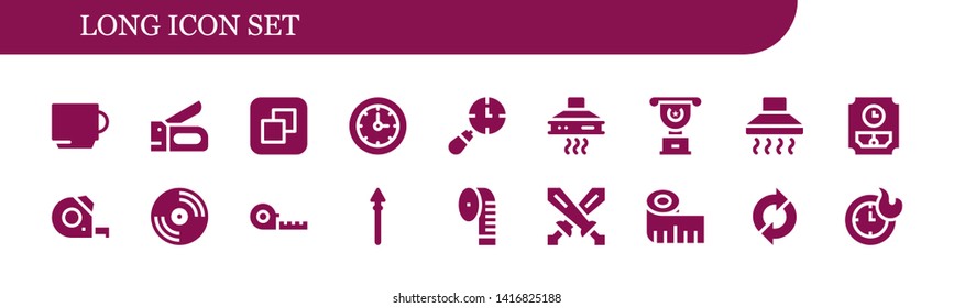 long icon set. 18 filled long icons.  Simple modern icons about  - Cup, Stapler, Size, Clocks, Extractor hood, Hood, Wall clock, Measuring tape, Vinyl, Spear, Swords, Sync