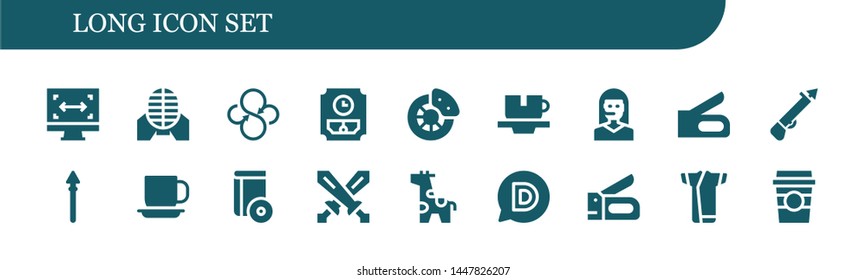 long icon set. 18 filled long icons.  Collection Of - Size, Martial arts, Sync, Wall clock, Break, Cup, Teleoperator, Stapler, Spear, Cd, Swords, Giraffe, Disqus, Kimono, Coffee cup