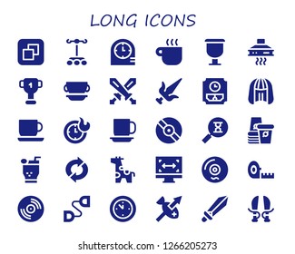  long icon set. 30 filled long icons. Simple modern icons about  - Size, Dropper, Clocks, Coffee cup, Cup, Extractor hood, Swords, Martial arts, Wall clock, Wig, Vinyl, Sandclock