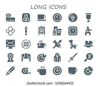 long icon set. 30 filled long icons.  Simple modern icons about  - Measuring tape, Wall clock, Coffee cup, Vinyl, Cup, Sync, Dropper, Postbox, Paper cup, Martial arts, Size, Spear