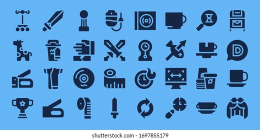 long icon set. 32 filled long icons. Included Dropper, Giraffe, Stapler, Cup, Sword, Coffee cup, Kimono, Martial arts, Vinyl, Measuring tape, Swords, Clocks, Sync, Spear icons