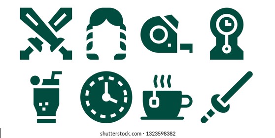 long icon set. 8 filled long icons.  Collection Of - Mojito, Swords, Wall clock, Hairstyle, Cup, Measuring tape, Sword, Clocks