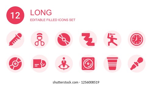 long icon set. Collection of 12 filled long icons included Dropper, Eyelashes curler, Cd, Measuring tape, Martial arts, Vinyl, Position, Cup, Wall clock