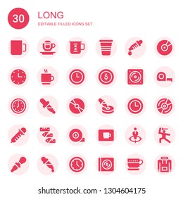 long icon set. Collection of 30 filled long icons included Cup, Coffee cup, Dropper, Wall clock, Dollar coins, Vinyl, Cd, Measuring tape, Position, Martial arts, Hoodie