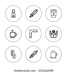 Long icon set. collection of 9 outline long icons with coffee cup, measure tape, hoodie, ruler, worldwide icons. editable icons.