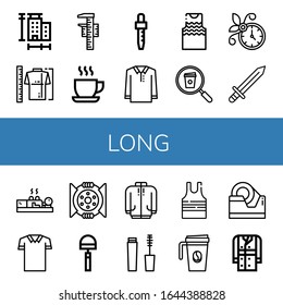 long icon set. Collection of Measure, Measuring, Cup, Dropper, Polo shirt, Tanktop, Coffee cup, Wall clock, Sword, Cupping, Break, Hoe, Long sleeve, Mascara, Sleeveless shirt icons