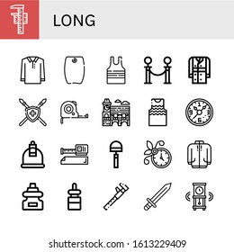 long icon set. Collection of Measuring, Polo shirt, Bodyboard, Sleeveless shirt, Queue, Trench coat, Spear, Measuring tape, Mimosa, Tanktop, Wall clock, Cupping, Measure tape icons