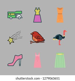 long icon set. vector set about skirt, trailer, bird and shooting star icons set.