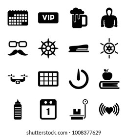 Long icons. set of 16 editable filled long icons such as heart, hoodie, fitness bottle, helm, stapler, stopwatch camera, 1st day calendar, calendar, vip, mustache and glasses