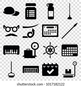 Long icons. set of 16 editable filled long icons such as lugagge weight, piano toy, mustache and glasses, bottle for fitness, hoe, baseball cap, calendar, spear, straight hair