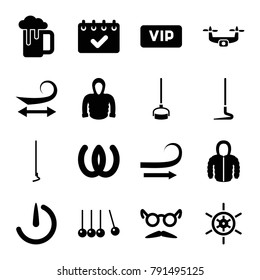 Long icons. set of 16 editable filled long icons such as curly hair, hoodie, mustache and glasses, omega, cradle, hoe, stopwatch camera, calendar, vip, beer mug, medical drone