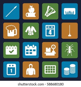 long icons set. Set of 16 long filled icons such as ant, piano toy, hoodie, beer mug, hoe, lugagge weight, stapler, coin, kimono, 1st day calendar, calendar, 4th date calendar