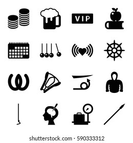 long icons set. Set of 16 long filled icons such as vip, lugagge weight, straight hair, heart, hoodie, beer mug, hoe, helm, brain surgery, stapler, coin, calendar, spear