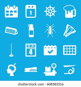 Long icons set. set of 16 long filled icons such as ant, straight hair, beer mug, hoe, helm, lugagge weight, brain surgery, stapler, 1st day calendar, calendar