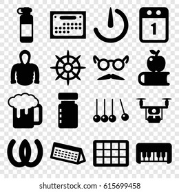 Long icons set. set of 16 long filled icons such as piano toy, hoodie, mustache and glasses, beer mug, helm, stopwatch camera, 1st day calendar, calendar, medical drone