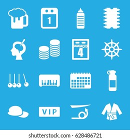 Long icons set. set of 16 long filled icons such as vip, piano toy, straight hair, beer mug, helm, brain surgery, coin, cpu, kimono, baseball cap, 1st day calendar, calendar