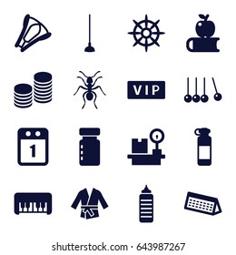 Long icons set. set of 16 long filled icons such as ant, vip, piano toy, hoe, helm, lugagge weight, stapler, coin, kimono, 1st day calendar, calendar, apple on book, cradle