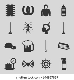 Long icons set. set of 16 long filled icons such as ant, lugagge weight, heart, hoodie, beer mug, hoe, helm, brain surgery, cpu, baseball cap, calendar, omega