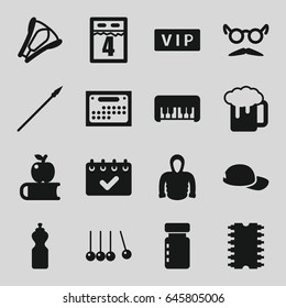 Long icons set. set of 16 long filled icons such as vip, piano toy, hoodie, mustache and glasses, beer mug, stapler, cpu, baseball cap, calendar, 4th date calendar, spear