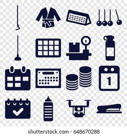 Long icons set. set of 16 long filled icons such as hoe, lugagge weight, stapler, coin, kimono, 1st day calendar, calendar, medical drone, cradle, bottle for fitness