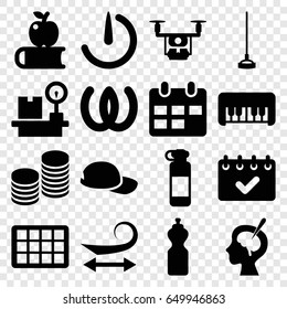 Long icons set. set of 16 long filled icons such as piano toy, curly hair, hoe, lugagge weight, brain surgery, stopwatch camera, coin, baseball cap, calendar, medical drone