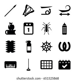Long icons set. set of 16 long filled icons such as ant, piano toy, curly hair, straight hair, hoe, helm, stapler, cpu, 1st day calendar, calendar, spear, apple on book, omega