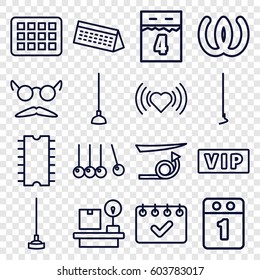 Long icons set. set of 16 long outline icons such as vip, straight hair, heart, mustache and glasses, hoe, lugagge weight, cpu, 1st day calendar, calendar, 4th date calendar