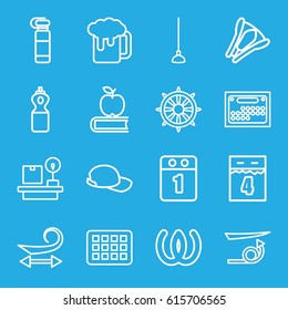 Long icons set. set of 16 long outline icons such as curly hair, straight hair, hoe, helm, lugagge weight, stapler, baseball cap, 1st day calendar, calendar, 4th date calendar