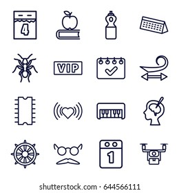 Long icons set. set of 16 long outline icons such as vip, ant, piano toy, curly hair, heart, mustache and glasses, helm, brain surgery, cpu, 1st day calendar, calendar