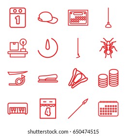 Long icons set. set of 16 long outline icons such as ant, piano toy, straight hair, hoe, lugagge weight, stapler, stopwatch camera, coin, baseball cap, 1st day calendar