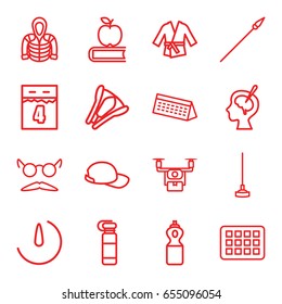 Long icons set. set of 16 long outline icons such as hoodie, mustache and glasses, hoe, brain surgery, stapler, stopwatch camera, baseball cap, calendar, 4th date calendar